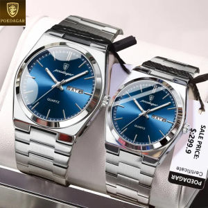 2ชิ้น! POEDAGAR นาฬิกาคู่รักแบรนด์ของแท้นาฬิกาข้อมือกันน้ำปฏิทินสเตนเลสลำลองเรืองแสงของขวัญคู่รัก