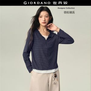 Giordano Women Fake two-piece striped long sleeve tee Free Shipping 18326521