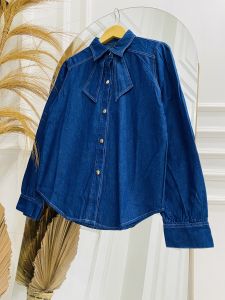 Meltz.id - Atasan Kemeja Jeans Polos Kerah Pita Lengan Panjang Wanita Dewasa