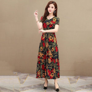 CORE🌟 Summer Short Sleeve Floral Dress Womens Retro A-Line Dress Casual Long Dress