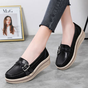 (Add +1 Size) women leather platform wedge shoes Topsider Light Ladies Wedge Shoes Heel Flat Shoes One Foot Leather Loafers Slip On Leather Ladies Flats Heel Loafers For Women Thick Bottom Casual Shoes Women