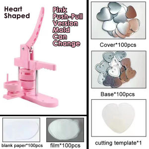 【Ready Stock】Pink Heart-Shaped Button Badge Maker Machine Interchangeable Die Mould Heart Shape Badge Punching Die DIY Badges Gifts Green Blue with 100 Sets Of Consumables