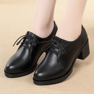 Free Shipping Winter Black Leather Shoes WomenS Mid-Heel Work Shoes Chunky Heel High Heel Single Shoes Professional Formal Wear Lace-Up WomenS Shoes Autumn