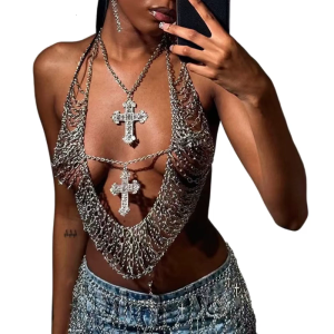 เสื้อครอปคล้องคอสร้อยคาดลำตัวเสื้อสายเดี่ยวเครื่องประดับร่างกายเสื้อสายเดี่ยวสำหรับชุดปาร์ตี้สตรีเพชรเทียมแวววับ