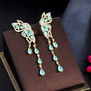 SEQUITO Vivid Inlaid Frosted Light Green Cubic Zircon Stone Gold Plated Butterfly Tassel Symmetric Long Hanging Earrings Ladies Costume Jewelry for Beach Party SE648
