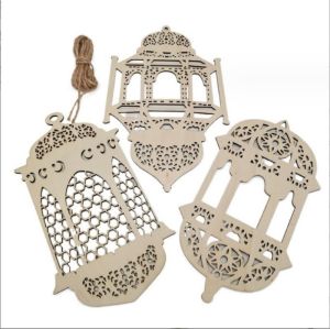 Murah-Grosir 1set (3pcs) Gantungan serpihan kayu dekoratif Pajangan Gantungan Kayu Bulan Bintang Ramadhan Idul Fitri