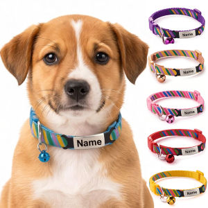 Free Custom ID Name Tag Cat Stripe Collar Bell Necklace Colorful Nylon Kitten Cat Collar Personalized Engraved