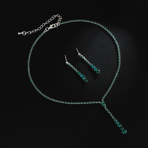Japan and Korea Fashion Chain Neck Chain Green Rhinestone Necklace Necklace Collarbone Chain Earrings Necklace Set Womens Jewelry
