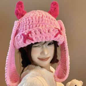 SQMETR Thickened Womens Warm Knitted Hat Soft Warm Protection From Cold Little Devil Long Ears Cap Trendy Elastic Knit Warm Windproof Cap Winter Season