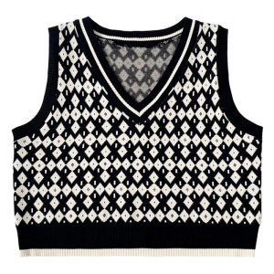 CORE Korean Style Plaid V-neck Knitted Sweater Vest Womens Spring And Summer Loose Rhombus Sweater