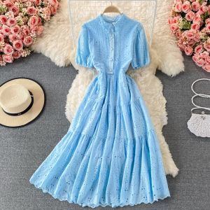 Summer Turn-Down Collar Single Breasted Puff Sleeve A-Line Vintage Vestidos 2023 Women Yellow/Blue/Beige Hollow Out Long Dress㏇X0407