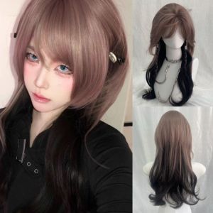 PTK52 หลายชั้น วิกสีเบจสีน้ำตาลพร้อมสีดำ หางหมาป่า คอสเพลย์ วิกผมหัวปลาหมึก ทนความร้อน ยาว วิกผมสังเคราะห์มีหน้าม้า สำหรับผู้หญิง