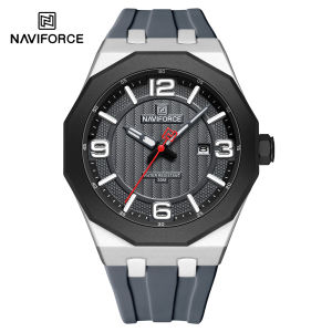 NAVIFORCE นาฬิกาควอทซ์แฟชั่นของผู้ชายแท้ลายเหลี่ยมหน้าปัดเรืองแสงปฏิทินสายซิลิโคนกันน้ำ30เมตรนาฬิกาผู้ชายแบบลำลอง NF8079