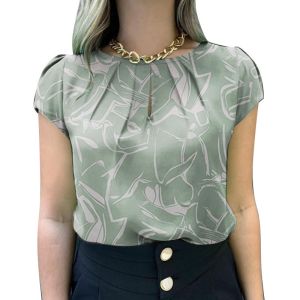 Women Vintage Daily Round Neck Pleated Short-Sleeved Printed Blouses Casual Floral Cropped Top L2211