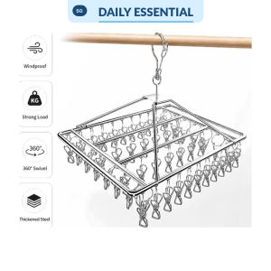 【DAILY ESSENTIAL】 304 Stainless Steel 60 Clip Sock Drying Rack Windproof Swivel Laundry Hanger for Underwear Socks