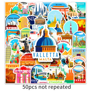 50pcs World Famous City Landmark Sticker London Paris New York Cartoon Decal Waterproof Decorative Laptop Luggage Outdoor Scenery Travel Sticker
