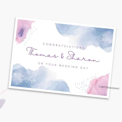 Wedding Engagement Day Custom Personalise Watercolour Congratulation Greeting Cards