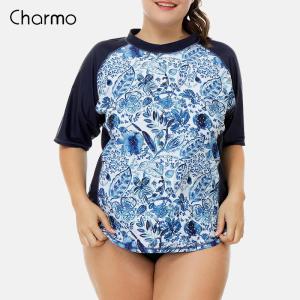 Charmo Women Short Sleeve Rashguard XL-3XL Retro Floral Print Swimsuit Shirts Womens Plus Size Swimwear UPF50+ Rash Guard Beach Wear