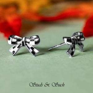 [Studs & Such] 925 Silver Sweet Chessboard Bowknot Stud Earrings