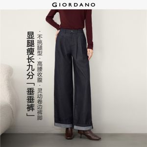 Giordano Women Denim-like cuffed hem wide leg pants Free Shipping 05416075