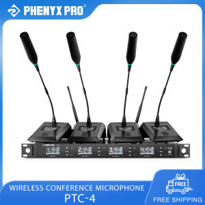 Phenyx Pro PTC-4 Wireless Conference Microphone System 4x50 UHF Frequencies Auto Scan 4 Gooseneck Mics