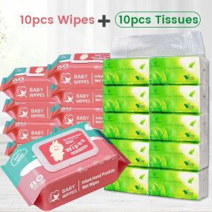 New 20-pack baby wipes set: 10 packs of 80 sheets and 10 tissue packs of 300 sheets. Alcohol-free bundle