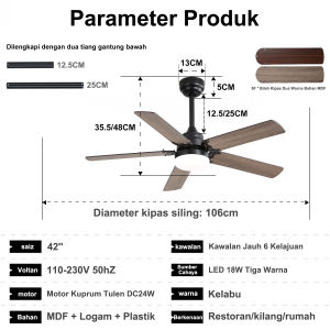 42/52-inch ceiling fan pure copper DC motor low noise MDF dual-color fan blades 18W LED tri-color light suitable for living room dining room bedroom inverter ceiling fan with light.