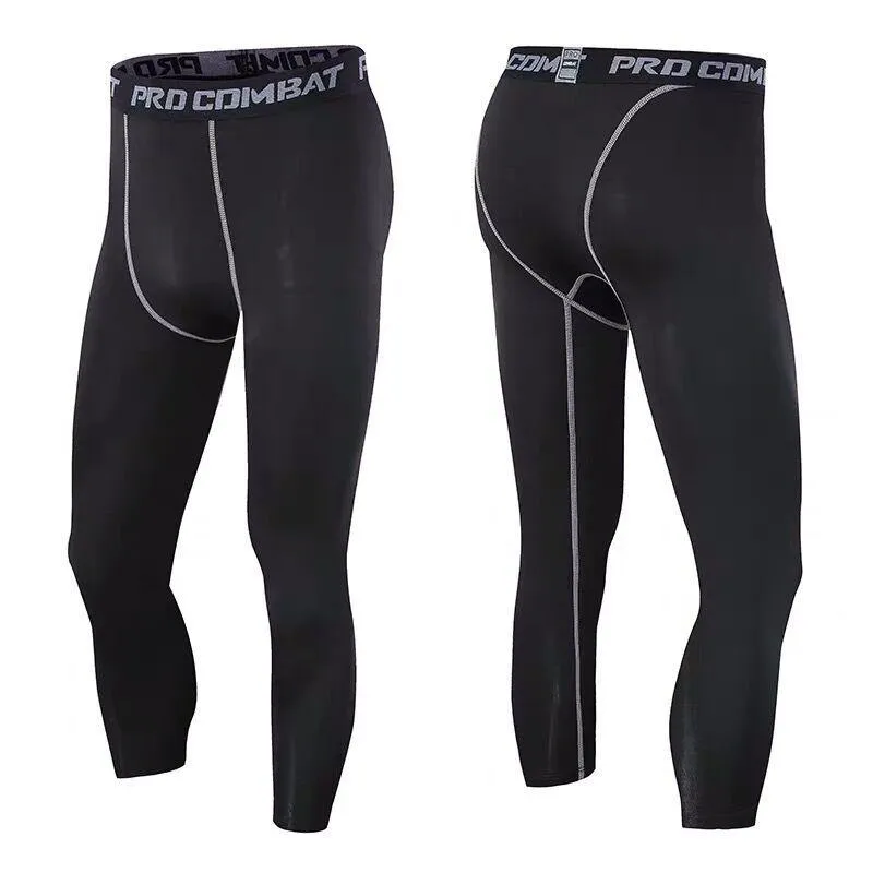 Men Workout 3/4 Tights Compression Base Layer Shorts Elastic Quick-drying  Cropped Fitness Pants
