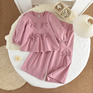 Gấu lãnh đạo phiên bản Hàn Quốc nơ hồng trang trí quần áo nữ dài tay Mùa Thu Top + quần ống rộng màu trơn trẻ em thiết lập