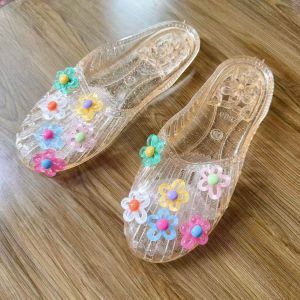 [Free Shipping] Summer Fashion Jelly Shoes For Women Korean Style Outdoor Wear Closed-Toe Floral Crystal Transparent Flat Slippers For Women