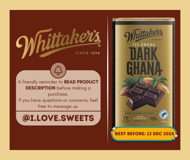 Whittaker's DARK GHANA Classic 72% Cocoa Dark Chocolate Block 250g ...