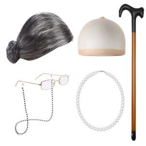 Old Lady Costume for Kids Girls 100th Day of School Costume with Grandma Glasses Necklace Wig Granny Cane2026