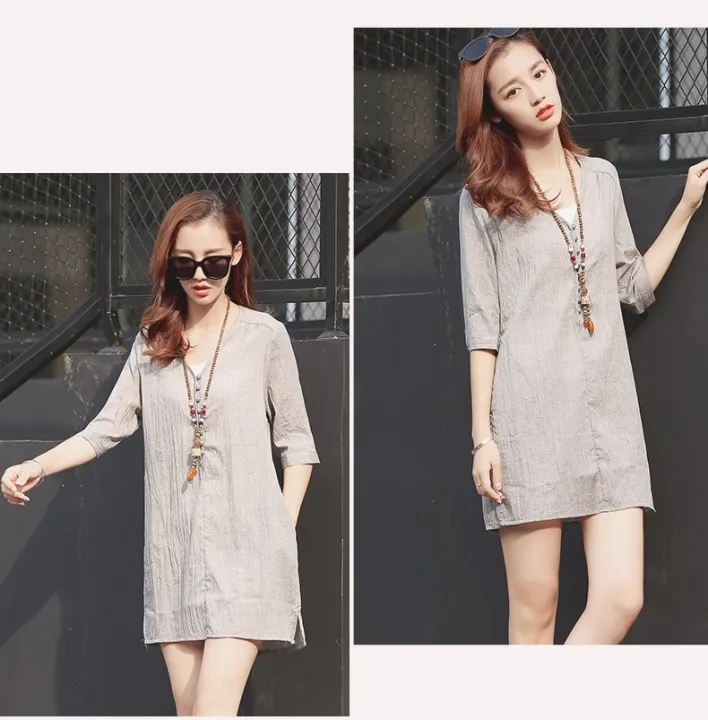 Đầm suông linen tay lỡ cổ V dáng chữ A thời trang trẻ phong cách Hàn ...