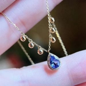UBESTNICE Real 18K Yellow Gold Jewelry AU750 Golden Beads Natural Blue Gemstone Water Drop Tanzanite Pendants Necklace for Women