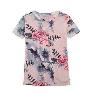 REHIN European-style summer fashion mesh printed short-sleeved round-neck T-shirt slim-fit S-3XL trendy top with positioning flower pattern