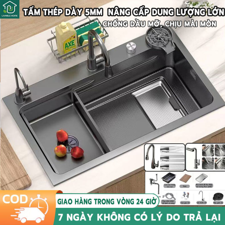 Chậu Rửa Bát Một Hố Lớn 75x45/80x45 Inox 304 Mạ Nano Đen Kết Hợp Vòi ...