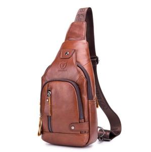 BULLCAPTAIN Leather Mens Chest Soft Leather Bag Outdoor Leisure Large Capacity Messenger bag