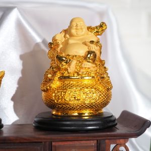 (แบบใหม่)พระสังกัจจายน์นั่งบนของมงคล ขนาดสูง4.5นิ้ว สีทองพ่นทราย ฐานกลม มีให้เลือก5แบบ