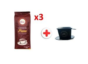 Combo 3 túi Cà phê hạt rang Nguyên Chất Queen Coffee Piano 500g/ túi và 1 phin nhôm cao cấp Queen Coffee ( vàng/ đen)