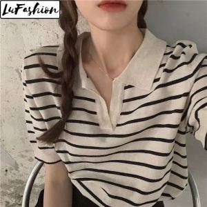 LuFashion Tops for Women Summer Stripe Knit Polo Collar Loose Short Sleeve Casual T-Shirts