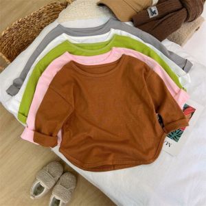 YESMILE màu đơn sắc Quần áo trẻ em Vải cotton nguyên chất Cổ tròn Áo tay dài mùa xuân mềm mại Áo thun trẻ em trẻ em