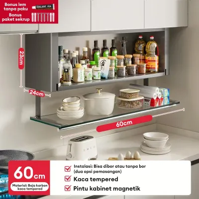 Rak Dapur Gantung Dinding Stainless Steel Hemat Ruang - Rak Kabinet Dapur Atas Modern Multifungsi