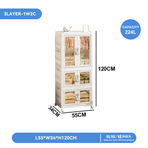 SUSU HOMES Kids Foldable Wardrobe Double Door Hanging Childrens Clothing Storage Cabinet With Wheel Almari Simpan