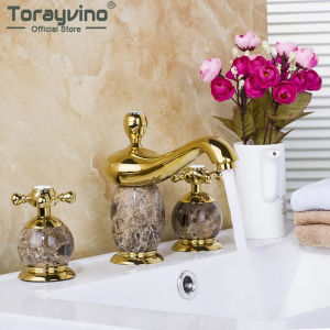 LDIES Torayvino Bathroom Faucet Classic Delicate Ceramic and Gold Finish Bathtub Faucets Dual Handle Deck Mounted Sink Mixer Water Tap 7T2N8
