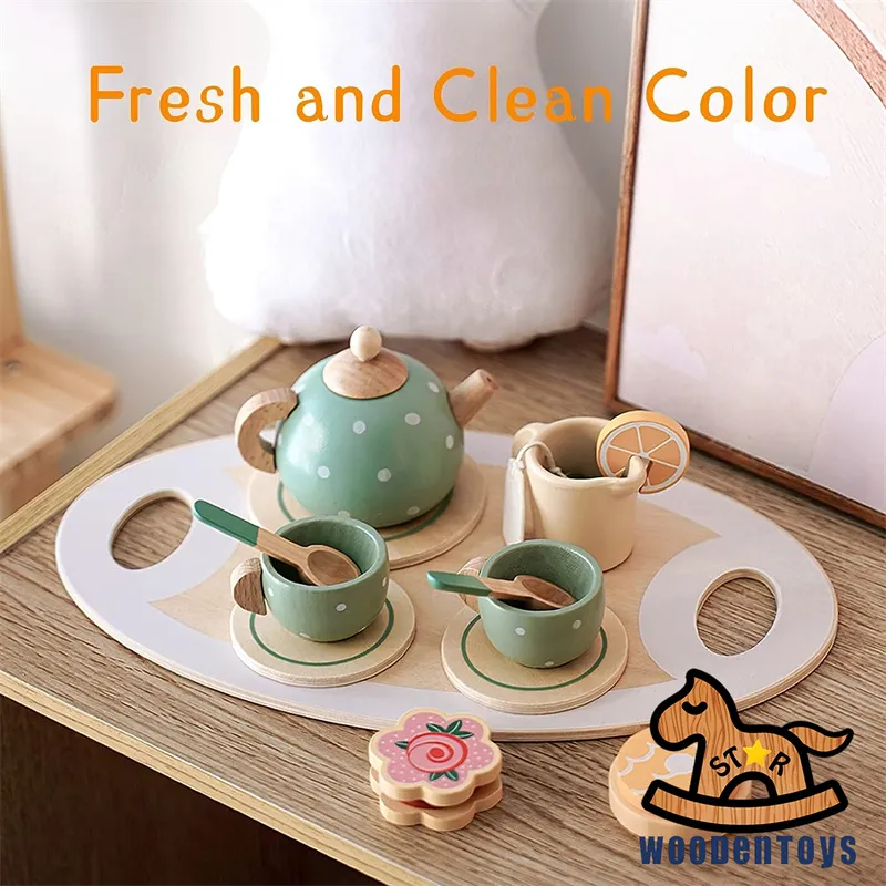 Wooden Tea Party Set for Little Girls Toys, Pretend Play Kids Tea Set for  Toddlers Wood Toys, Wooden Play Food Kitchen Accessories Sets for Kid