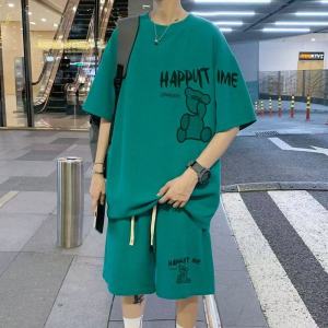 เสื้อผ้าวาฟเฟิลกีฬาลำลองสำหรับบุรุษในช่วงฤดูร้อนเสื้อยืดแขนสั้น + กางเกงขายาวชุดสองชิ้นพิมพ์ลายหมีอินเทรนด์