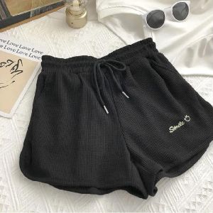 (Stock in KL-153) Waffle Short pants Women High Waist Lace-Up Loose Slimmer Look Harem Pants Casual Sports