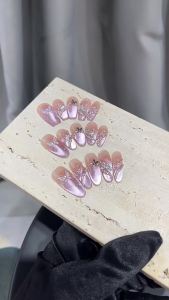 【HANDMADE+Free Glue】Press on Nails 3D Fantasy Purple Butterfly Blush Gradient Cat Eye Phototherapy Fake Nail Patch Artificial Nail Reusable
