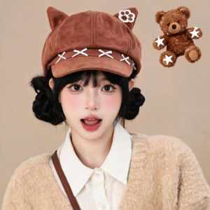 COVIEEZB Y2K Mũ Beret Tai Mèo Cung tên Thêu Mũ hình bát giác bằng da lộn Dễ thương Cô Gái Gia Vị Mũ báo chí Phụ nữ