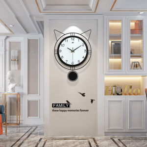 Jam Dinding Simple and Fashion Mute Minimalist Digital Clock Vintage Creative Lucky Cat Swing Wall Clock Modern Home Living room Decorations 挂钟 壁钟